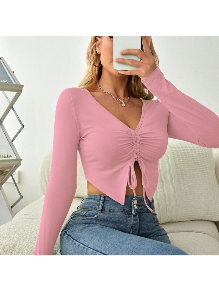 V-neck long sleeved drawstring slim fitting exposed navel top breathable pleated solid color simple sweet T-shirt Women's casual spring and autumn top 