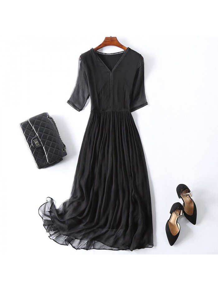 Silk Dress Women's Summer New 3/4 Sleeves Slim and Long A-line 