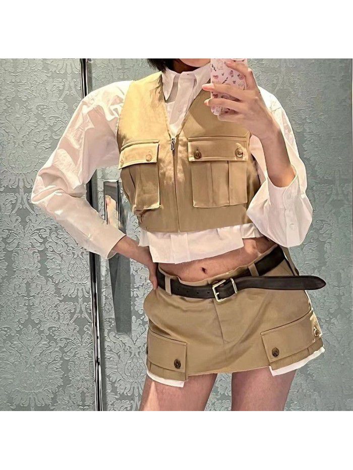 Cool Girls' Fashionable Patchwork Pocket Half Skirt French Spring/Summer New Versatile Mini Short Skirt Straight Tube Skirt Trend  Cool Girls' Fashionable Patchwork Pocket Half Skirt French Spring/Summer New Versatile Mini Short Skirt Straight Tube Skirt Trend
