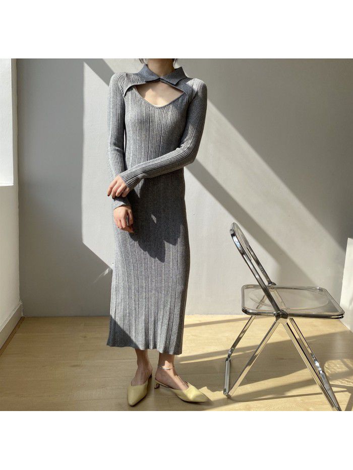 Slim Fake Two Piece Dress Women's Winter Celebrity Ladies Long Dress Temperament Slim Fit Skirt 