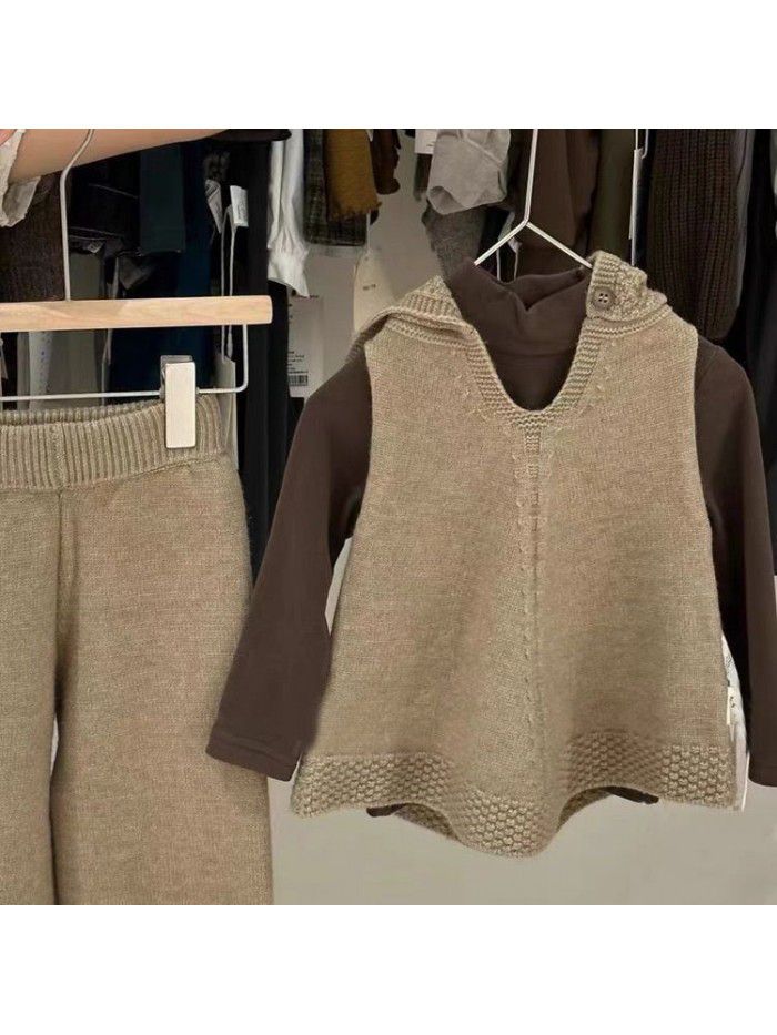 Winter New Girls' Solid Color Hooded Vest Sweater Two Piece Set Girls' Wide Leg Pants Knitted 
