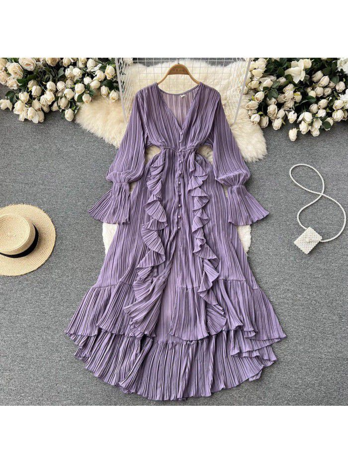 Fashionable and Sexy Solid V-Neck Ruffled Flare Sleeves to hem Dress  Fashionable and Sexy Solid V-Neck Ruffled Flare Sleeves to hem Dress