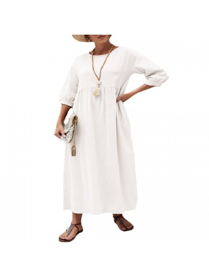 New Women's Solid Color Fashion Lantern Sleeves Loose Cotton Linen Pocket Dress 