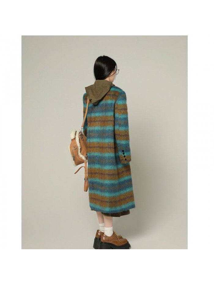 Blue plaid woolen coat for women's winter mid length woolen top coat