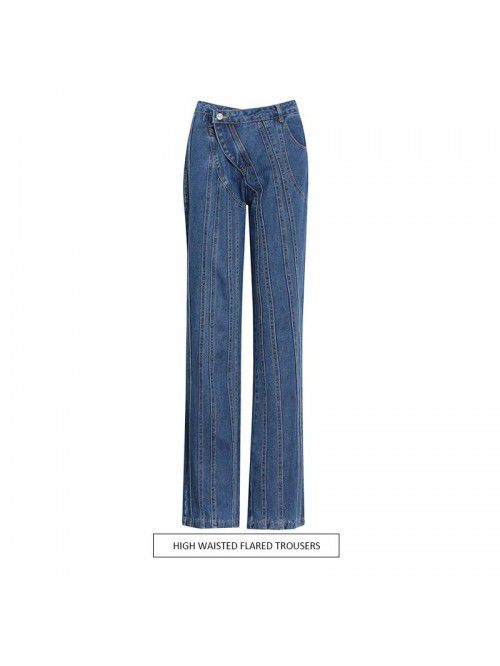 Autumn New Wash Irregular Line Spliced Mid Waist S...
