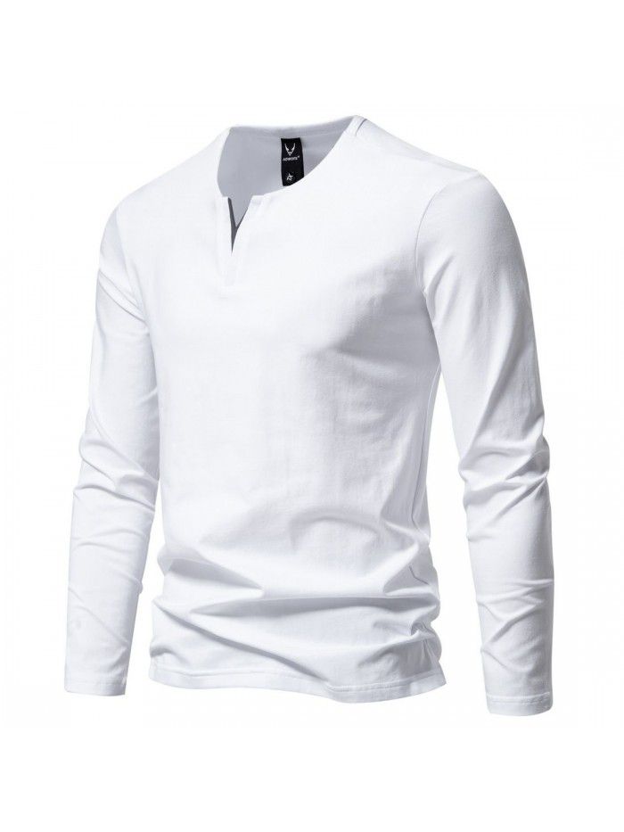 Autumn New Men's Fashion Henley T-shirt V-neck Long Sleeve T-shirt Casual Solid Underlay 