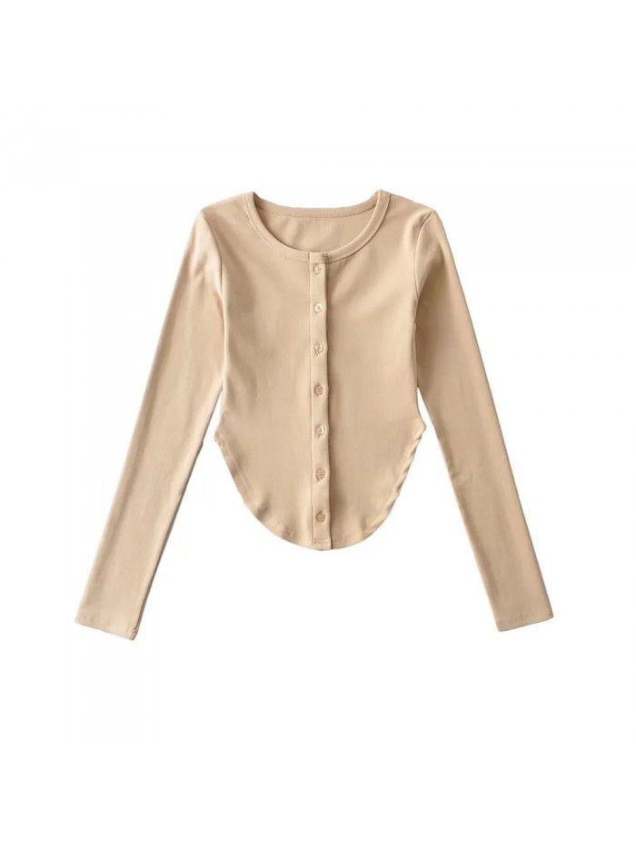 Irregular U-shaped hem long sleeved T-shirt for women with pure lust design, slim fit and slimming bottom top 
