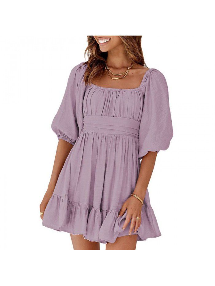 Dress Women's New Summer Off Shoulder Solid Color Lacing Ruffle Sleeves Casual Dress Women