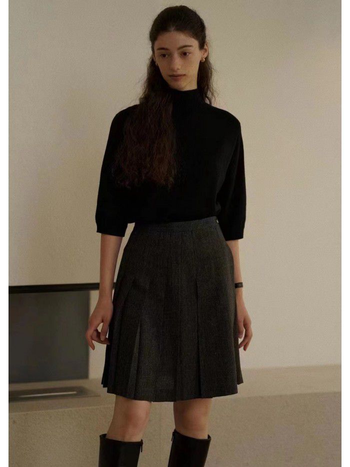 Autumn and winter new wool plaid pleated casual skirt 