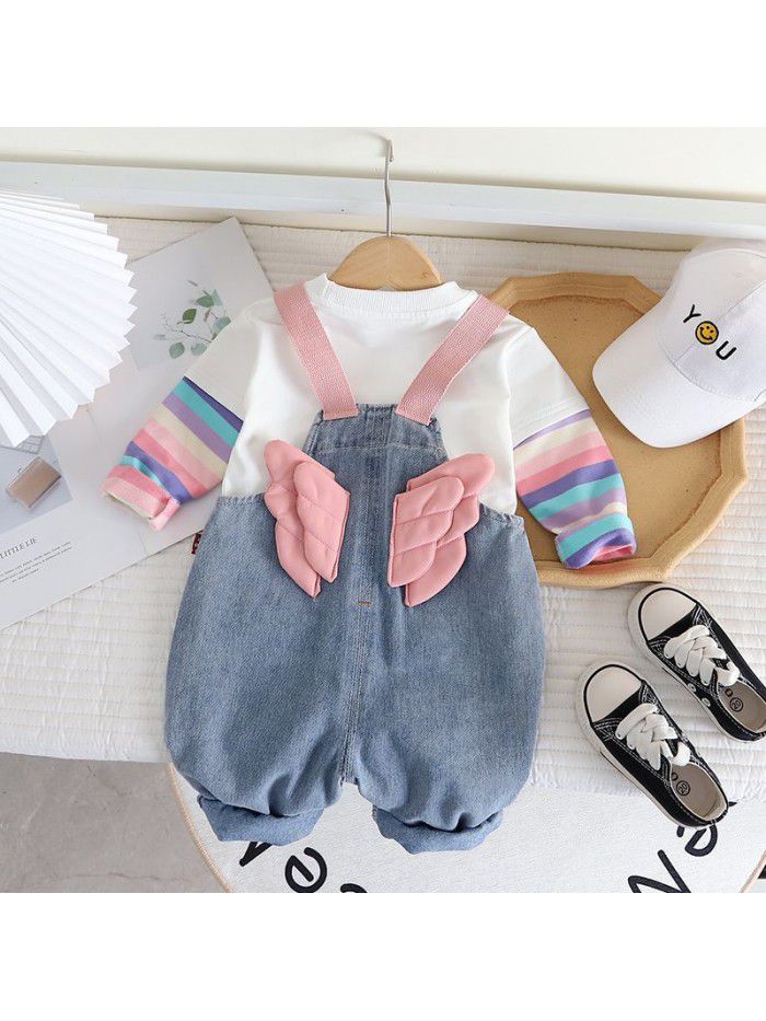 Girls' Autumn New Baby Girl Strap Trouser Set Cute Cartoon Two Piece Set 