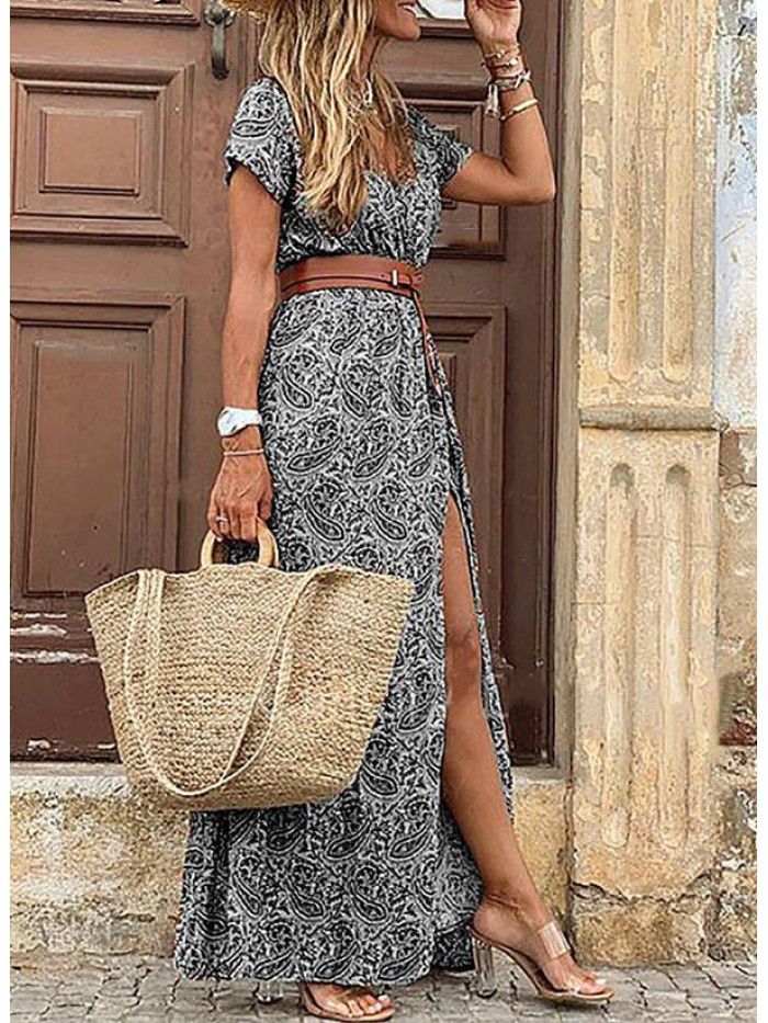 Bohemian style waistband printed long dress dress  Bohemian style waistband printed long dress dress