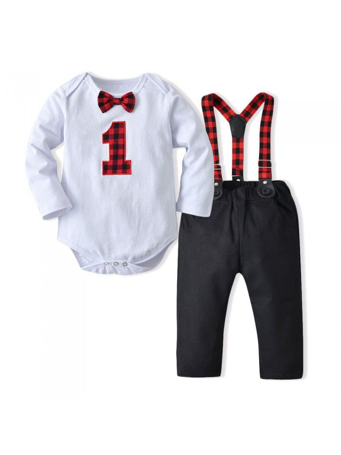 Baby Boys Fall Long Sleeve T-shirt Strap Pants Boys Set Gentleman Bowtie Cotton Creeper 