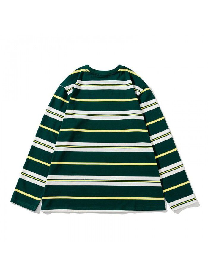 Men's retro street rainbow stripe t-shirt men's and women's loose fashion brand cotton long-sleeved couple round neck tee men 