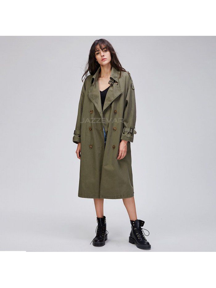 New loose and oversized casual double breasted pure cotton washed long windbreaker women's autumn coat women's coat