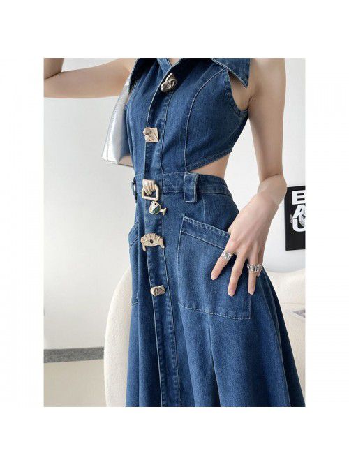Denim Blue Hollow Open Waist Dress Women's Spring/...