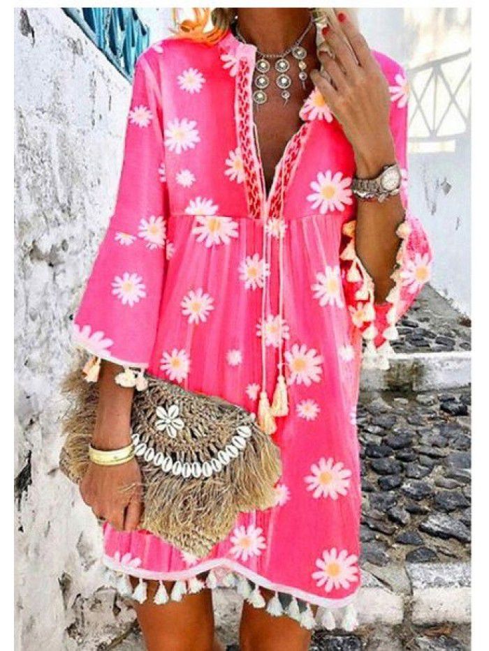 Summer New Hot Selling Print Daisy 3/4 Sleeve Tassel V-Neck Print Dress 