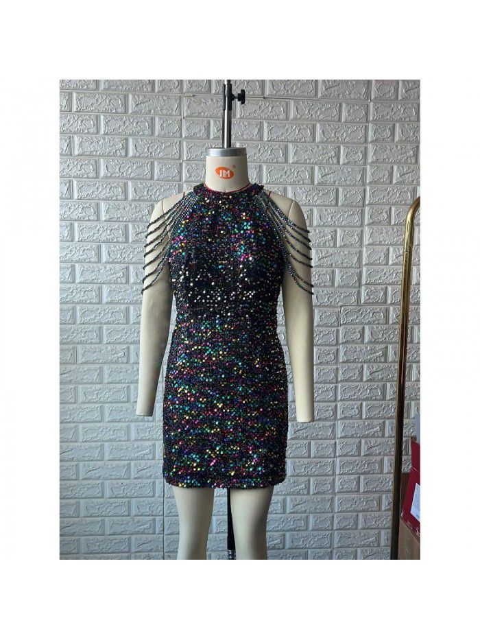 Sequin short dress dress spring and summer women's popular round neck sexy slim fringed dress 