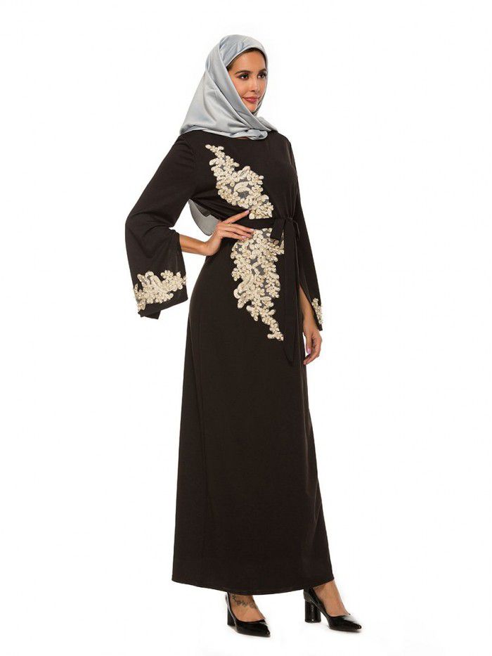 New Style Elegant Embroidery Long Dress Lace Beaded Flare Sleeve Lace Long Dress 