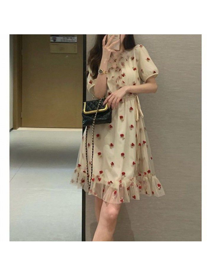 French Tea Break Girl Little Flower Dress V-neck Bubble Sleeve Mesh Dress Children's Summer New Style 
