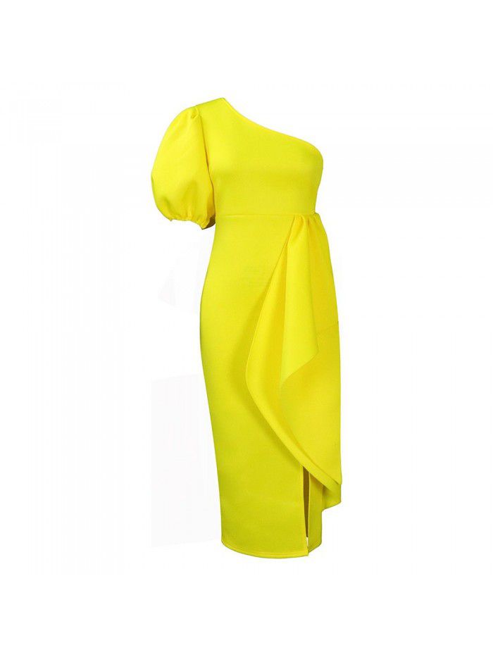 Oblique Neck Split Ruffle Edge Dress Sexy Dress
