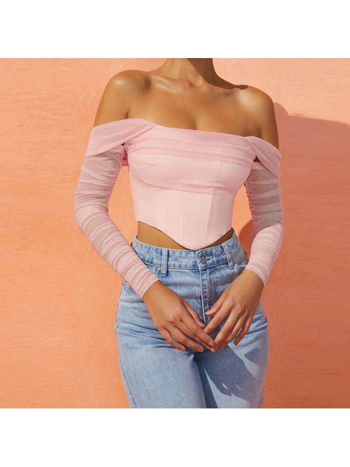 mesh fishbone perspective one line collar exposed navel short T-shirt top for women 