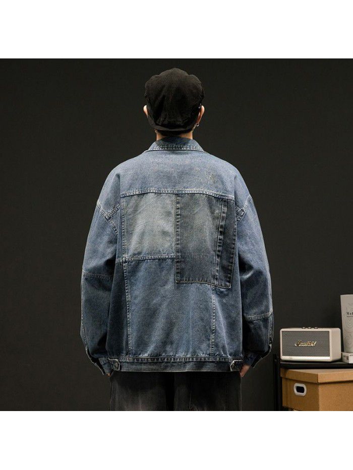 Large size patchwork denim jacket for men in spring and autumn, European and American retro loose top, casual Japanese work jacket