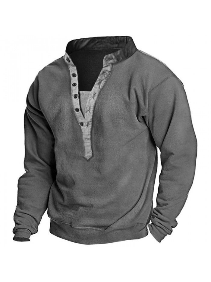Spring T-shirt Men's Outdoor Vintage Khaki Long Sleeve Henley Neck Sweatshirt 
