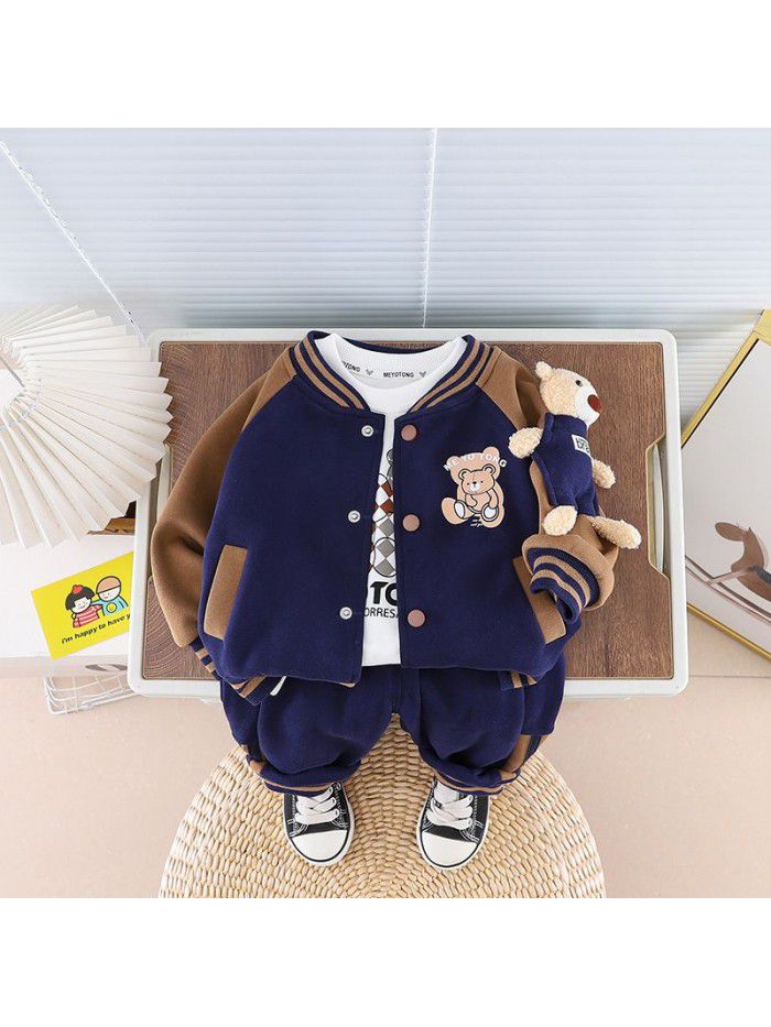 Autumn New Little Bear Baseball Suit Three Piece Cartoon Set 1-5 Year Old Boys' Long Sleeve Sports Set 