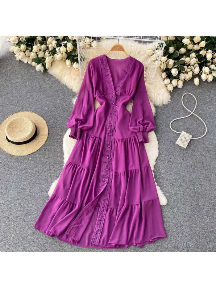 French style retro court lace V-neck high-grade dress with thin waist and single breasted large skirt 