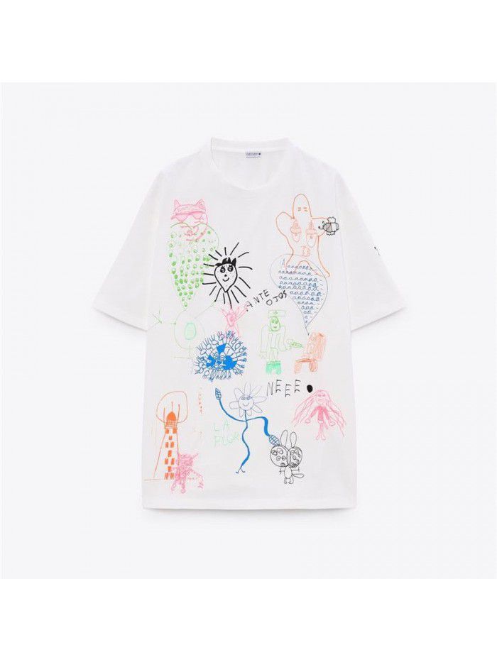Summer Women's European and American Style Loose Colored Graffiti Print White Short Sleeve T-shirt Women 