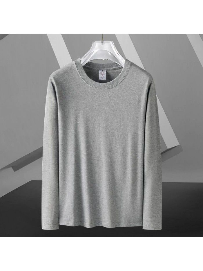 Long sleeved T-shirt for men in spring and autumn, round neck loose fitting pure white bottom shirt for men's upper garment 