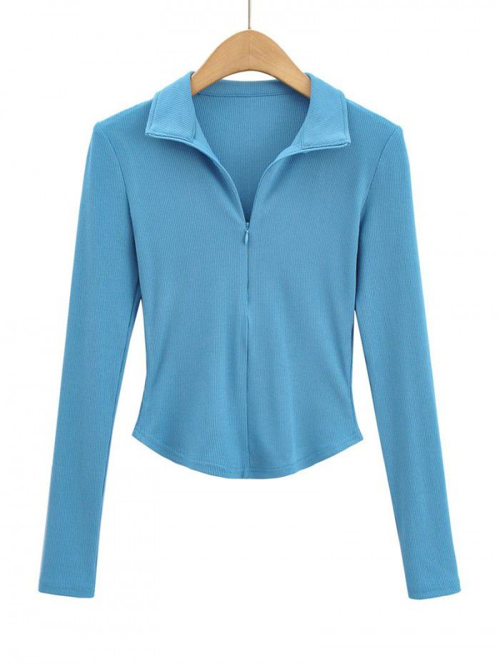 Spring Korean basic slim fitting zipper lapel clean face long sleeved T-shirt top for women 