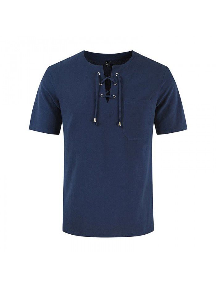 Summer New Street Men's Short Sleeve T-shirt Cotton Hemp Lacing Casual Fashion T-shirt 