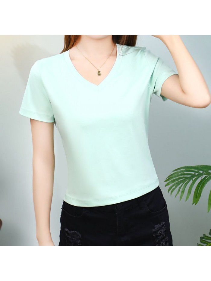 T-shirt Women's Short Cotton High Waist Summer Loose Simple Round Neck Korean Versatile Solid Color T-shirt 