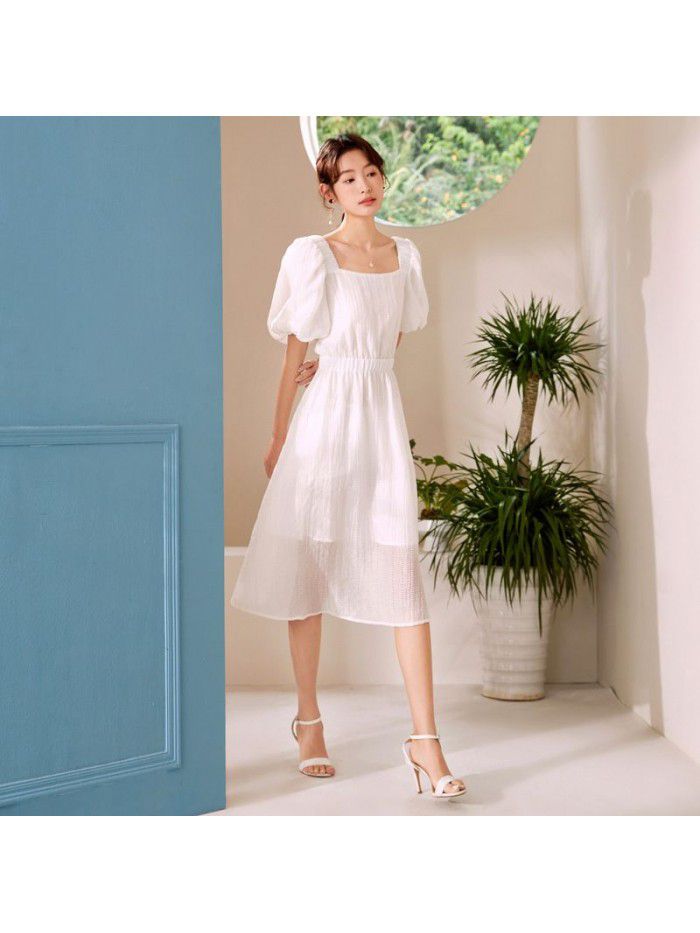 French Short Sleeve Dress Summer New Square Neck Lantern Sleeves Elegant High Waist A-line Dress 