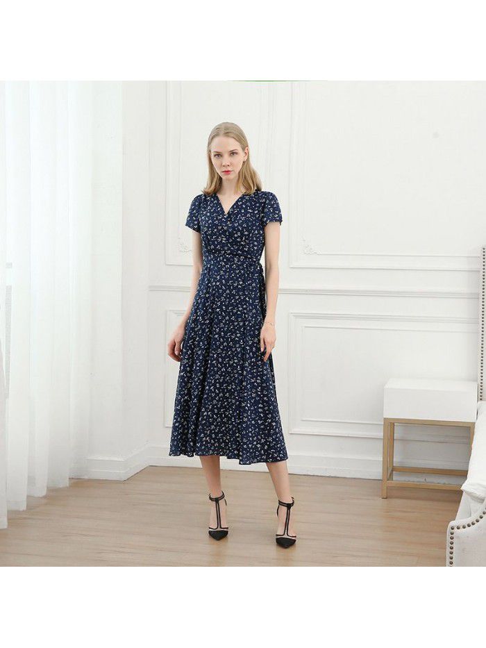 PGDVF French Vintage Dress Women's Summer New Fragmented Flower Large Hem Elegant Waist Slim V-neck Tea Break Dress