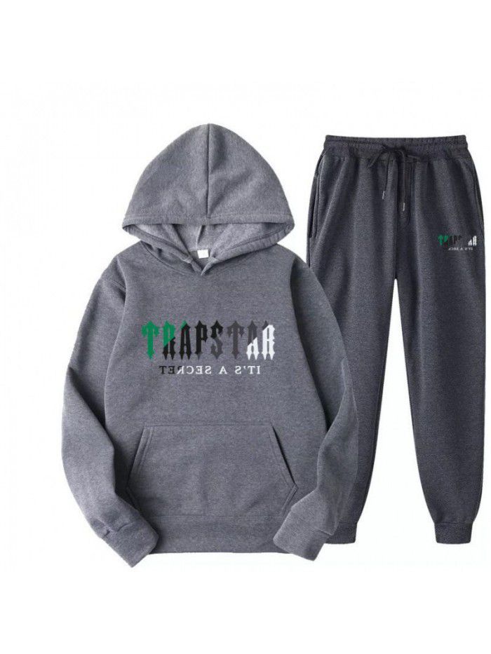 New men's hoodie set for spring, autumn, and winter, plush sweater, casual sports two-piece set 