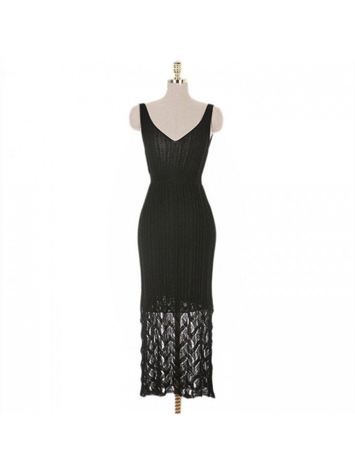 Spring/Summer Mid length Knitted Sling Dress for Women Sleeveless Outwear Over Knee Skirt Underlay Tank Top Long Dress 