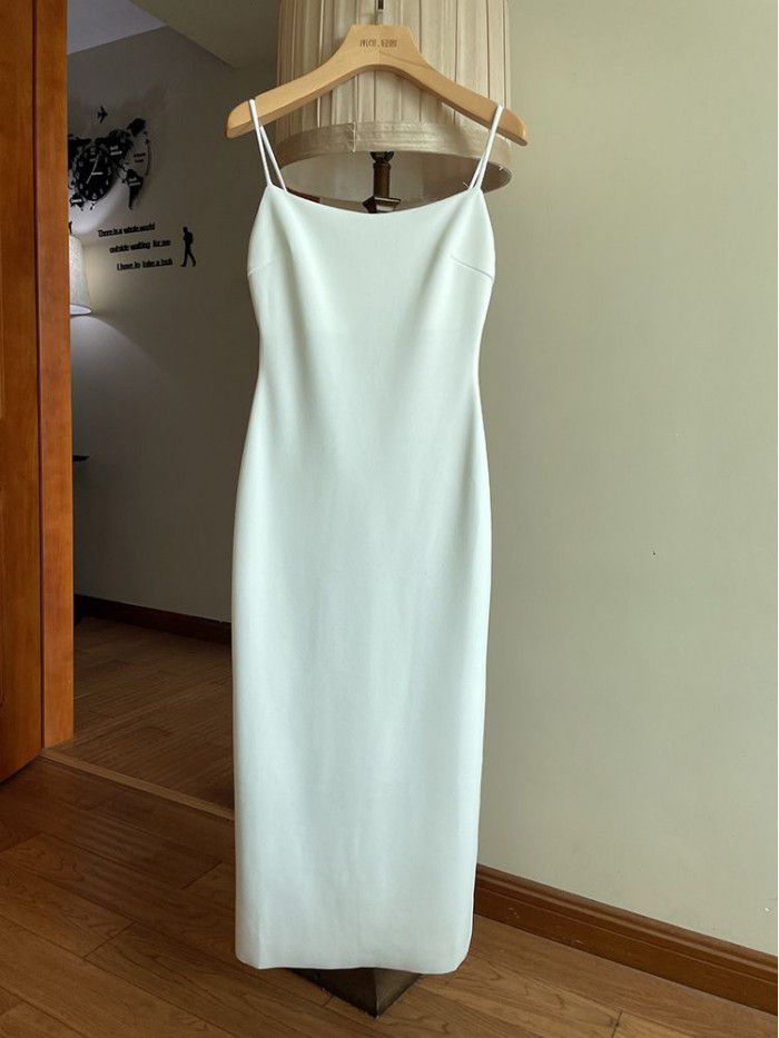 French suspender dress, spring/summer new style with side slit and long skirt trend 