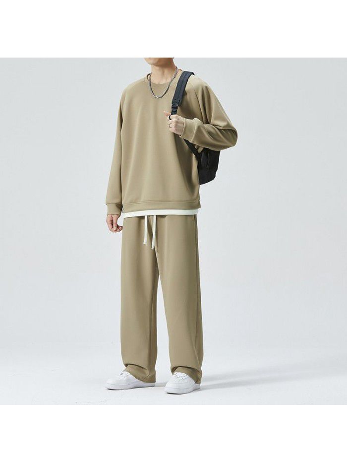 Spring and Autumn Leisure Sports Set Men's Loose Round Neck Sweater and Pants Two Piece Set for Daily Simple Homewear 