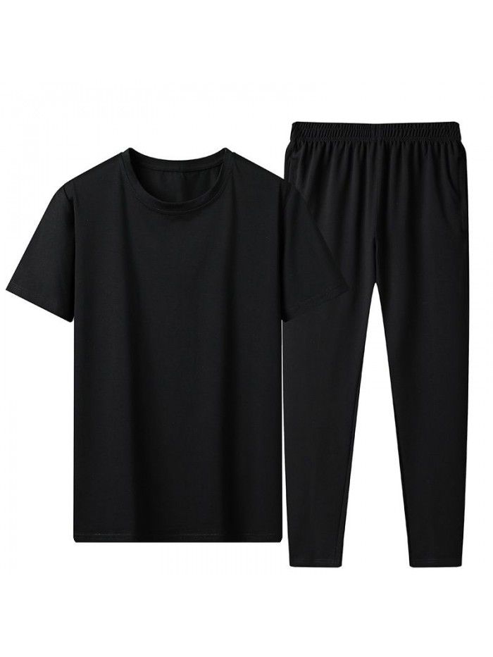 Summer ice porcelain cotton plain casual suit men's short-sleeved t-shirt loose large leggings 