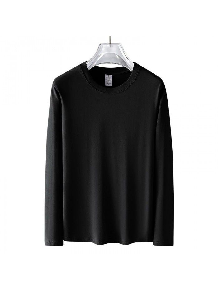 Long sleeved T-shirt for men in spring and autumn, round neck loose fitting pure white bottom shirt for men's upper garment 