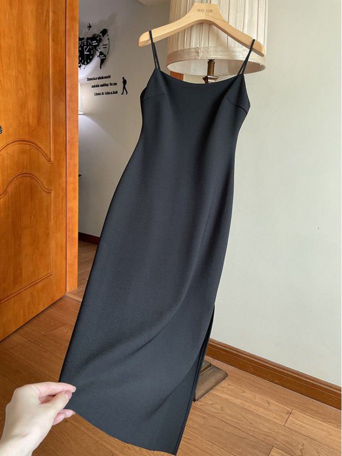 French suspender dress, spring/summer new style with side slit and long skirt trend 
