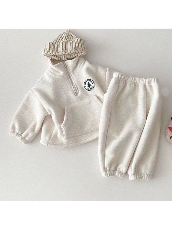 Children's set, baby and toddler clothing, plush and thickened casual set, children's winter high collar sweater pants, two-piece set, trendy 