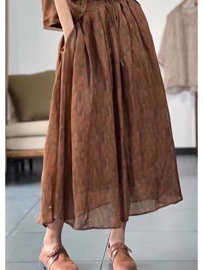 Spring New Artistic Style Versatile Spring/Summer Ramie Print Half length Skirt Mid length A-line Skirt for Women 