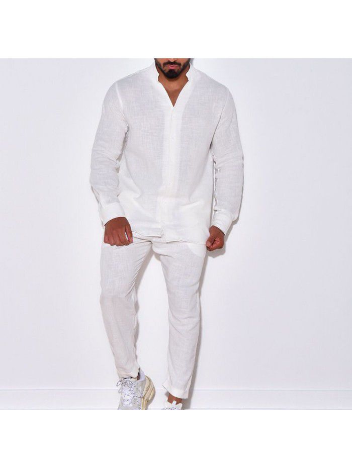 Men's linen autumn casual suit long sleeved one piece work pants 