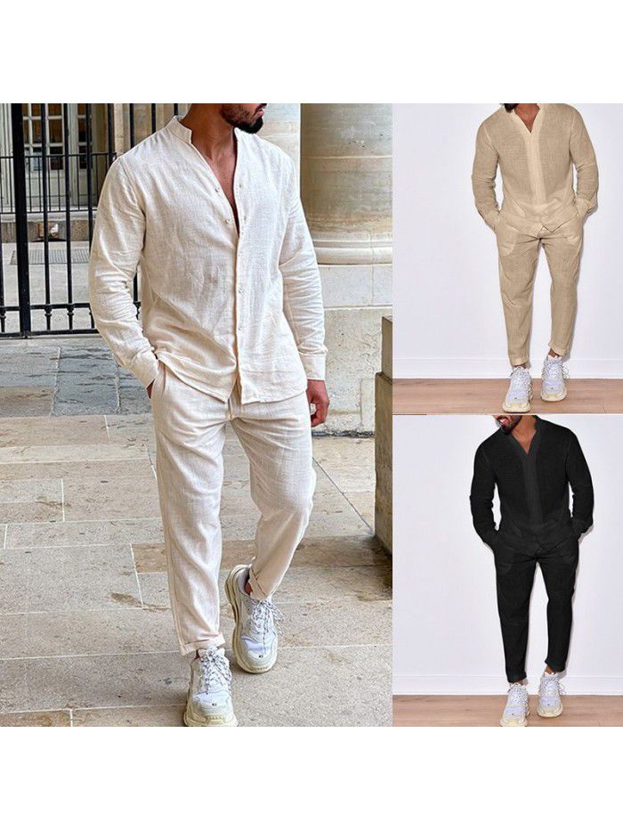Men's linen autumn casual suit long sleeved one piece work pants 