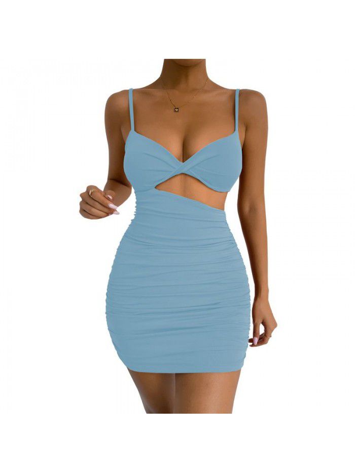 Women's Open Waist Suspended Dress Sexy Slim Fit Pleated Wrapped Hip Dress 