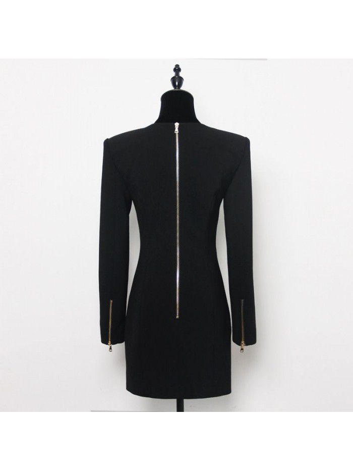 Spring and Autumn New Fashion Solid Color Square Neck Single breasted Long Sleeve Zipper Short Women's Dress 
