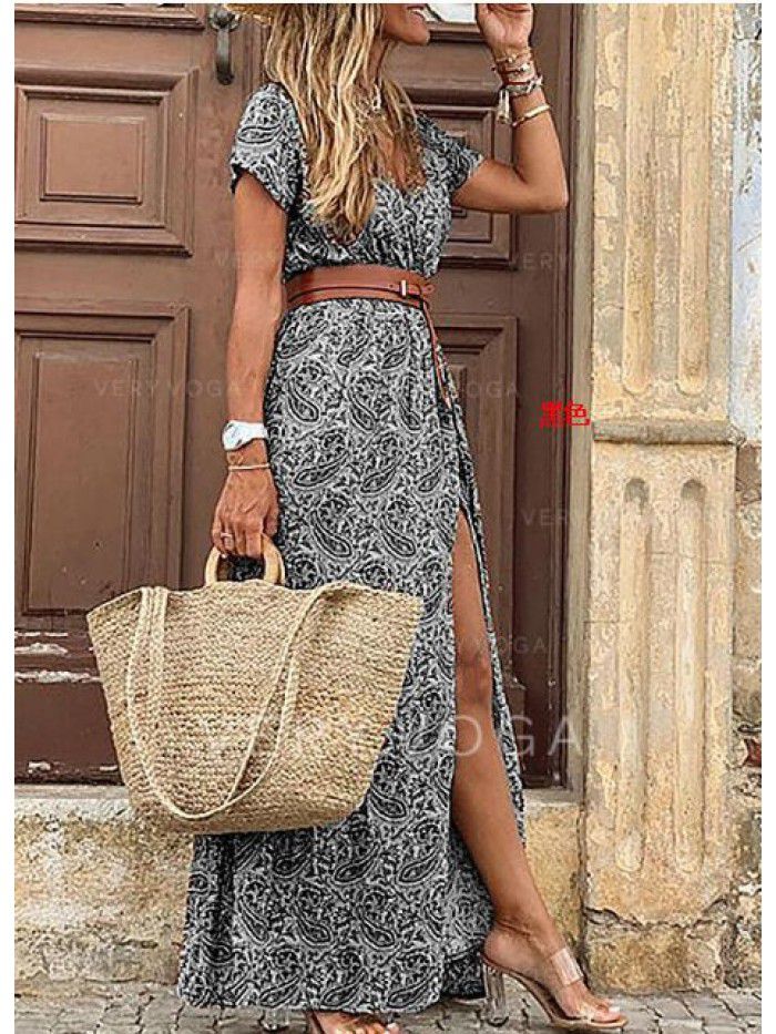 Bohemian style waistband printed long dress dress  Bohemian style waistband printed long dress dress